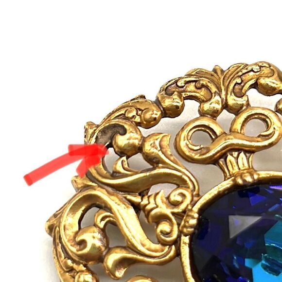 80's Edgar Berebi Designer Gold Tone Baroque / Rococo Brooch Teal Glass Center - Picture 10 of 10